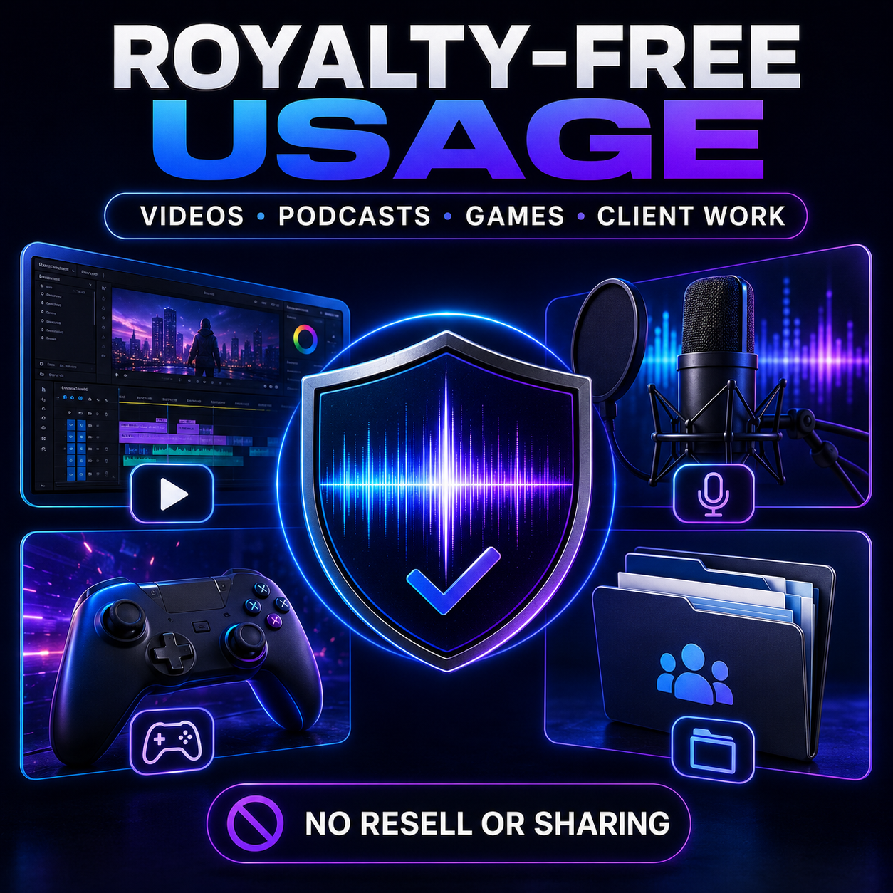 Royalty-free usage for videos, podcasts, games and client work; no reselling