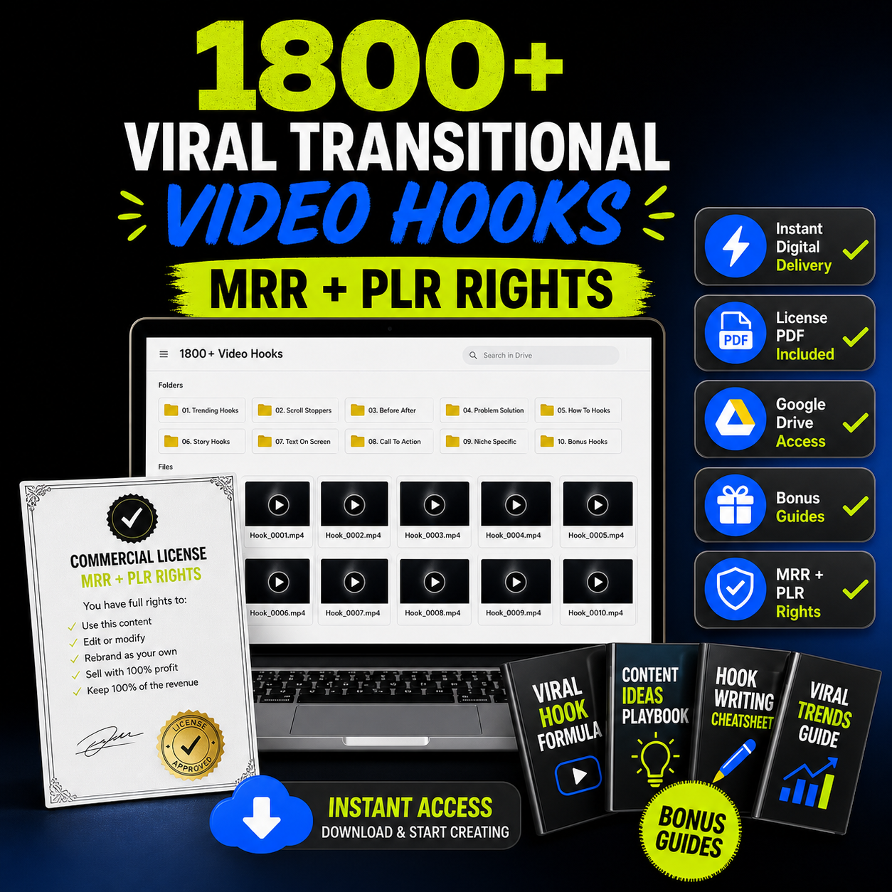 1800 Viral Video Hooks instant delivery license and bonus guides
