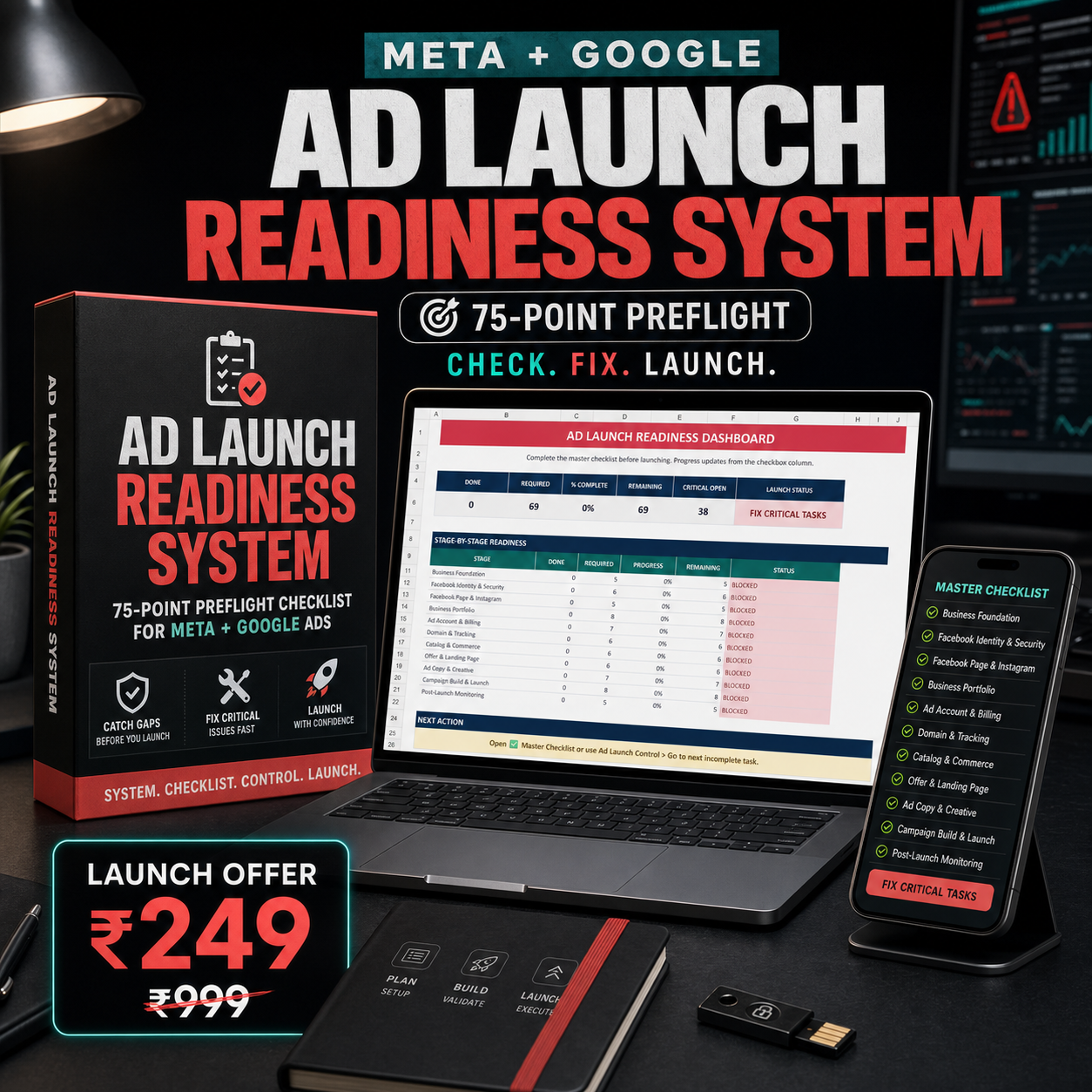 Meta and Google Ad Launch Readiness System 75-point preflight dashboard launch offer 249
