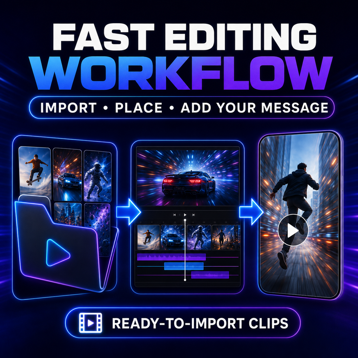 Fast workflow for importing and placing short video hook clips