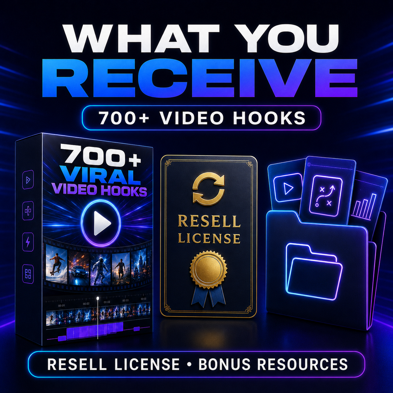 700+ video hooks, resell licence and bonus resources